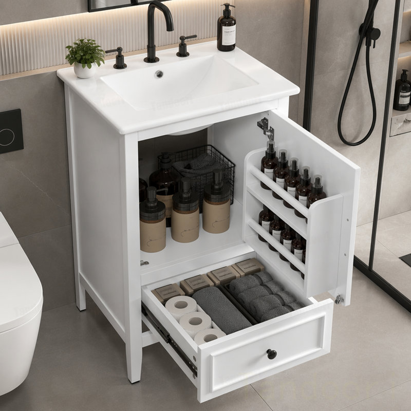 Meuble-lavabo de salle de bain avec lavabo, armoire de salle de bain avec porte, tablette de porte et patins réglables, un tiroir,