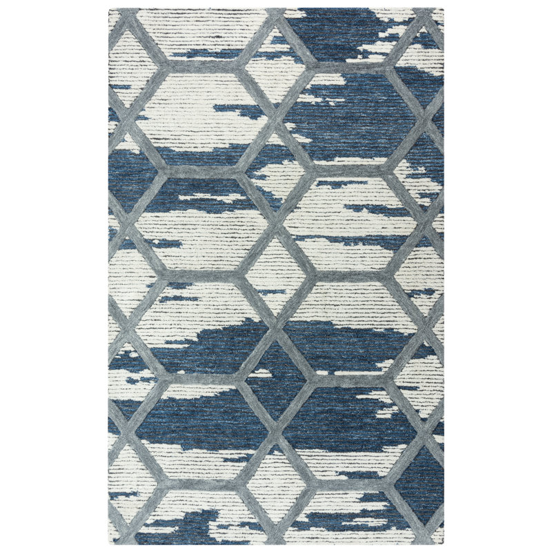 Tapis bleu / gris clair touffeté à la main Salom, Rectangle 8 pi 6 po x 11 pi 6 po