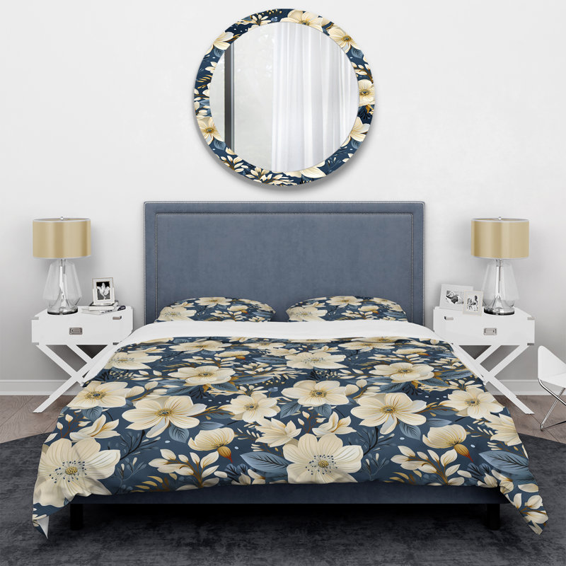 Ensemble de housse de couette beige et bleu à motif floral V, Housse de couette pour grand lit et 2 taies décor