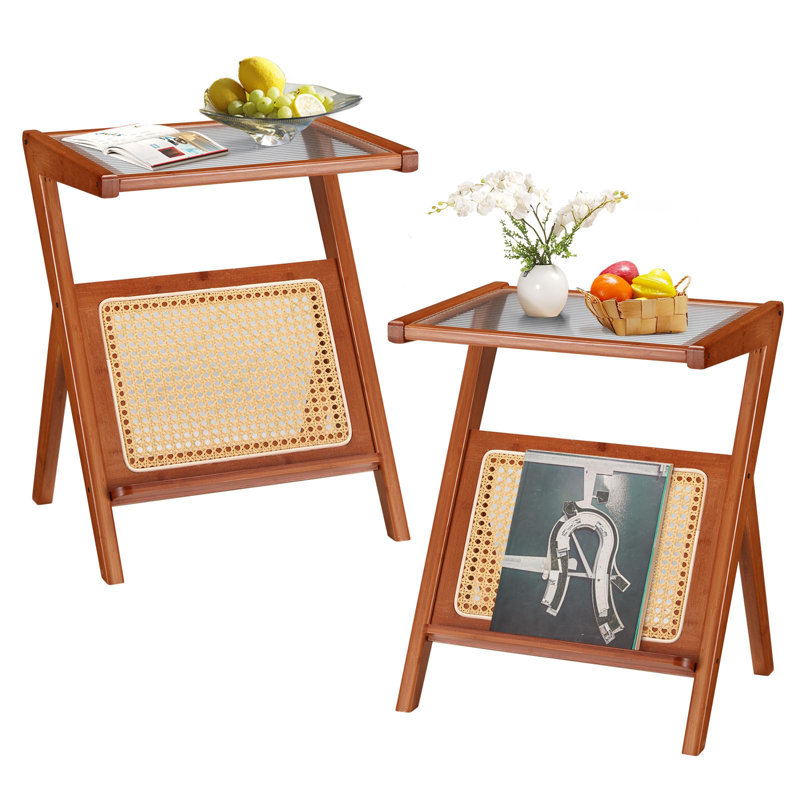 2 pièces Table de chevet en rotin Boho avec plateau en verre
