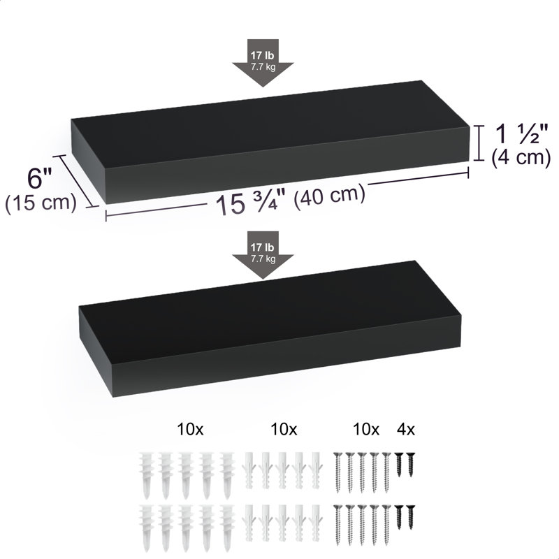 Sydney 16" W x 6" D Floating Shelves Set with Invisible Wall Mount Brackets, Black