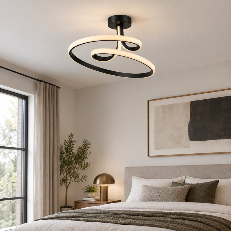 Plafonnier semi-encastré géométrique simple 23,5 po au fini sable noir pour salle de bain, îlot de cuisine et salon