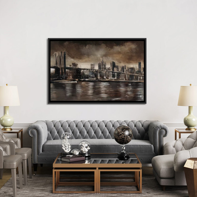 NY NY Brooklyn Bridge, impression sur toile, H 18 po x l 26 po x p 1,5 po, Toile avec cadre noir, Pas de tapis