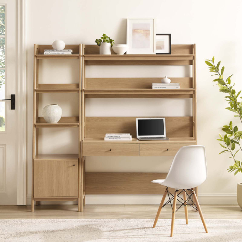 Modway Bixby 2-Piece Wood Office Desk and Bookshelf, Oak