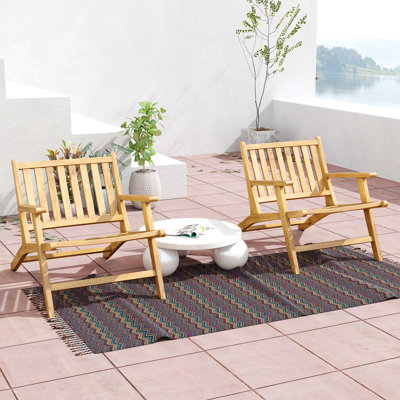 2PCS Teak Wood Outdoor Reclining Chair w/ Comfortable Backrest & Armrests