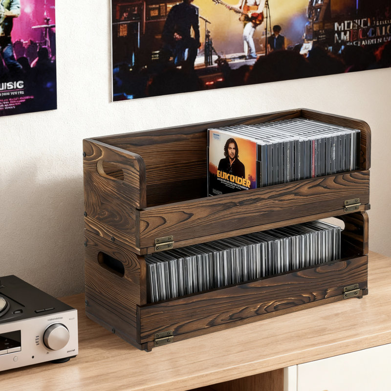 Set of 2 Wood Stackable CD DVD Media Storage