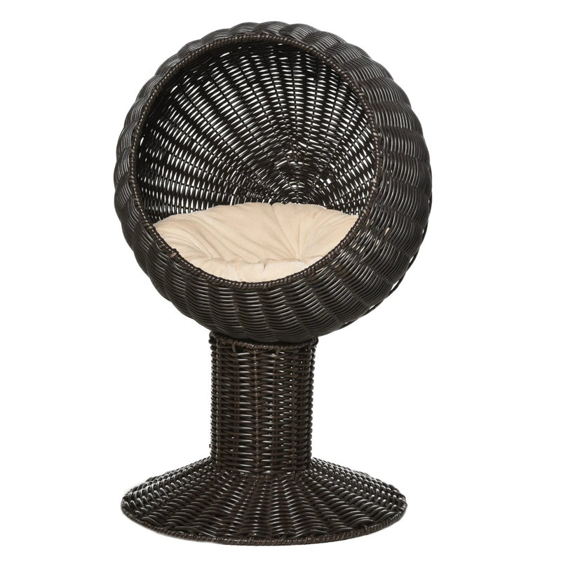 Lit pour chat surélevé 27 po, nacelle rotative avec coussin épais, nid d'herbe tissé à la main pour chats d'intérieur, Café