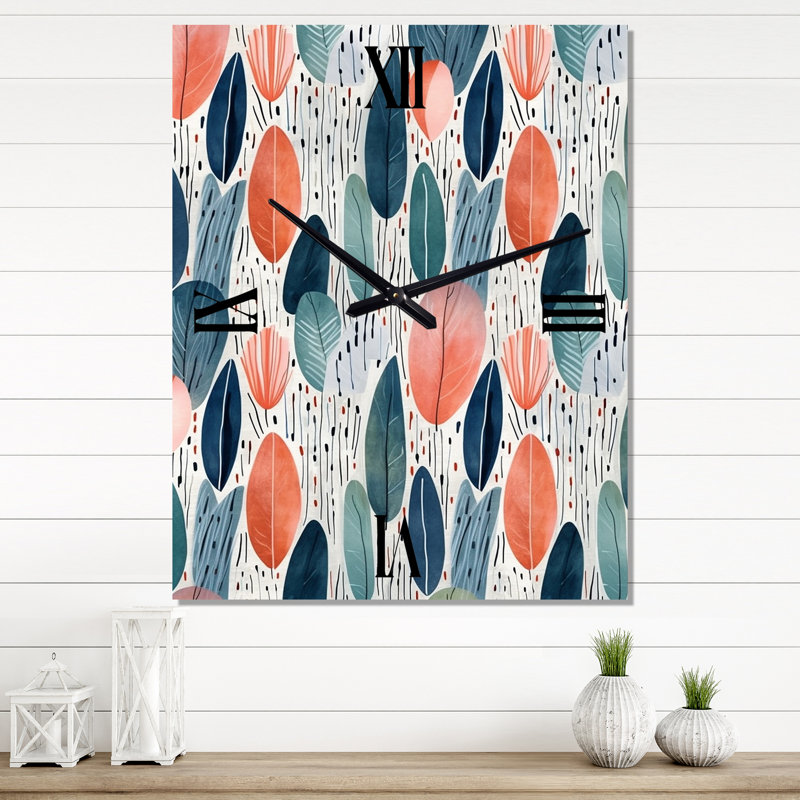 Corail bleu sarcelle scandinave fleurs II - horloges murales abstraites, Grand