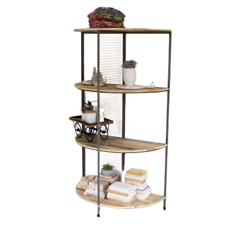 RECYCLED WOOD AND METAL DEMI LUNE SHELVING UNIT