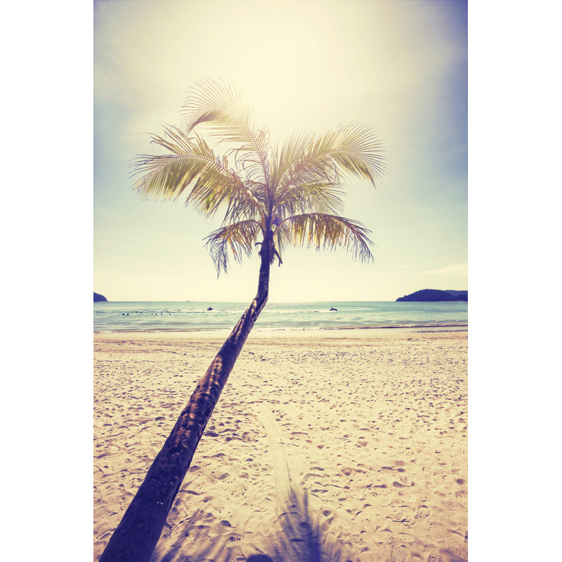 Vintage Stylized Tropical Beach With Palm Tree At Sunset. by MBPROJEKT_Maciej_Bledowski - Wrapped Canvas Print
