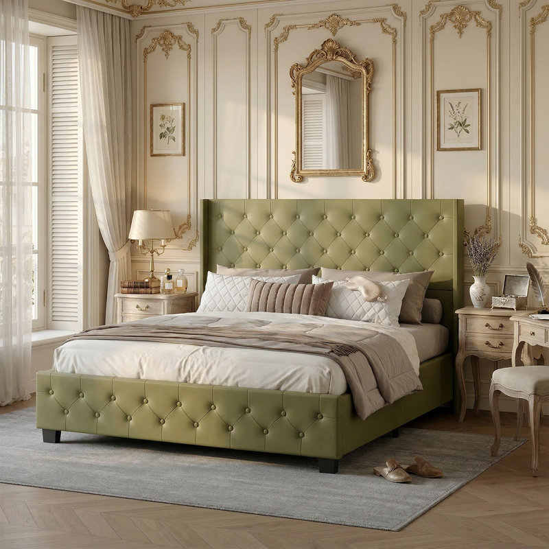Light Green Leather Bed – Rivet Headboard, Sturdy Slats