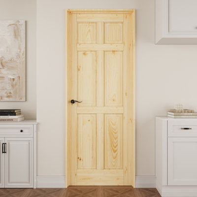 Porte intérieure en bois de pin à 6 panneaux, porte pré-suspendue en pin massif naturel Colonial, avec trousse de joint, bande d'étanchéité, ouverture vers la droite, charnières noires et poignée incurvée, porte non finie et à peindre, pour garde-manger, chambre à coucher, salle de bain, garde-robe et salon "x 80"