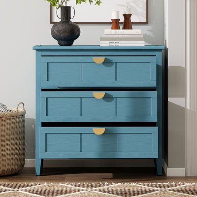 Commode 3 tiroirs de style Mid-Century moderne, commode décorative côtière bleu clair avec poignées en métal doré, armoire de rangement en placage de bois avec pieds en bois massif pour la chambre à coucher, vestibule