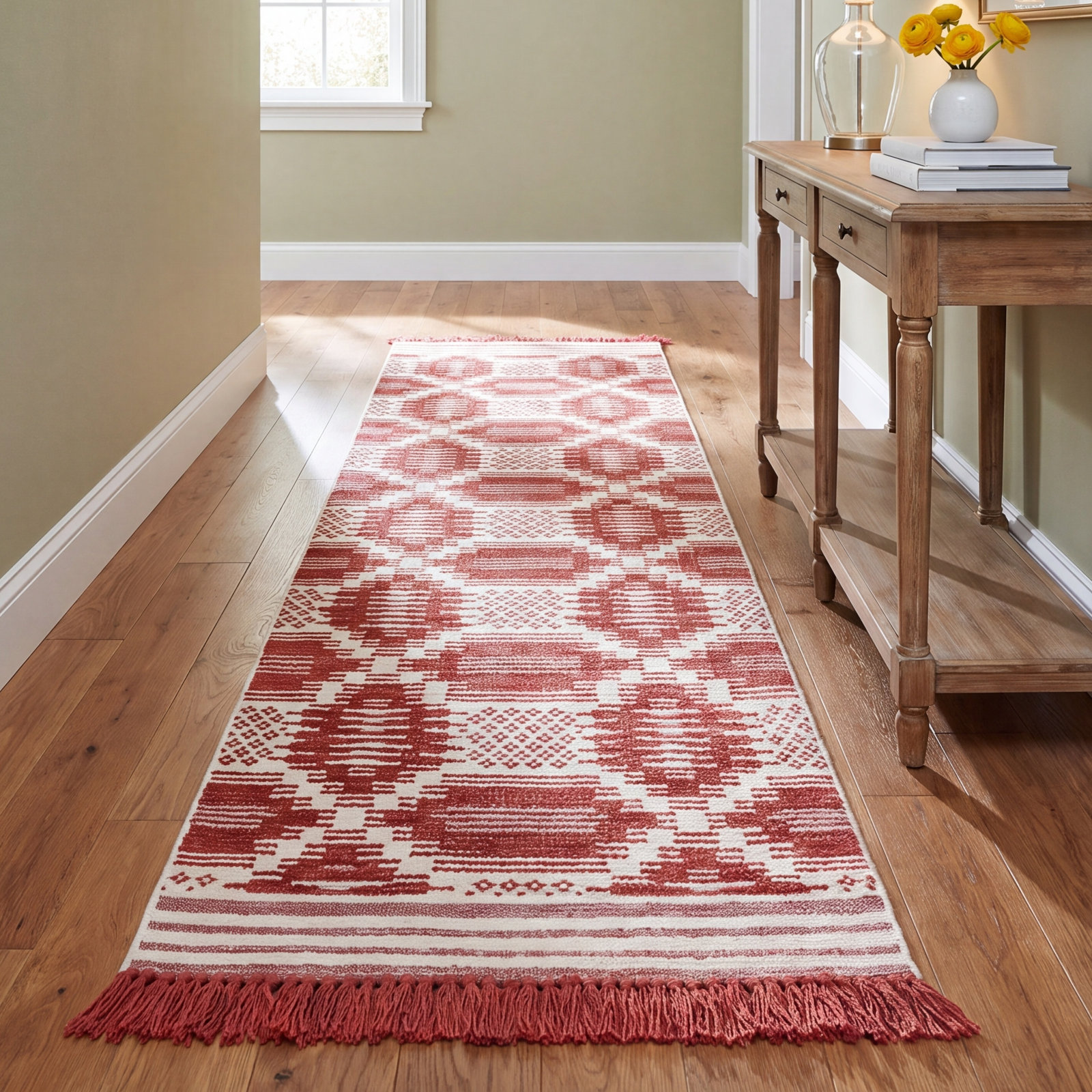 Caden Red White Hand-Knotted Geometric Rug, Runner 2' x 8'