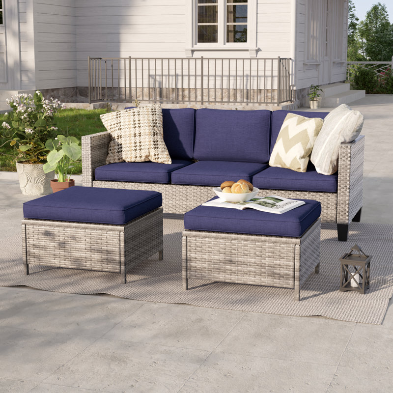 3-Set Outdoor Grey PE Wicker Furniture Wide Seat Conversation Couch Set Extra Ottomans Design for Lawn, Patio and Porch, Gray