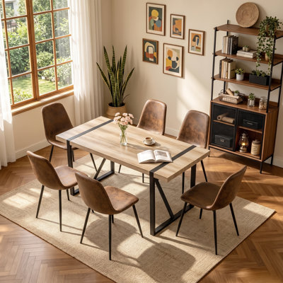 7-Piece Modern Industrial 71" Rectangular Wood Dining Set with Upholstered Chairs