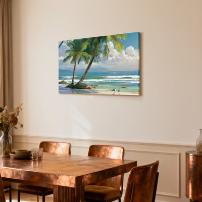 «Tropical Beach Palm Trees Ocean View», reproduction d'art sur toile tendue sur toile, ensemble de 1