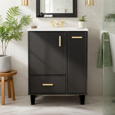 Sleek Bathroom Vanity With Sink – Modern Stylish Design, Solid Wood Frame & MDF Board, Ample Storage With Deep Drawer And 2-Tier Pull-Out Basket