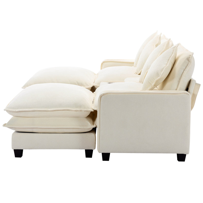 Canapé modulaire en chenille beige de 111 po avec deux repose-pieds amovibles, coussin double, hublots, porte-gobelets, grand rangement et 4 coussins décoratifs pour le salon, beige, coussins décoratifs cachés, respirant