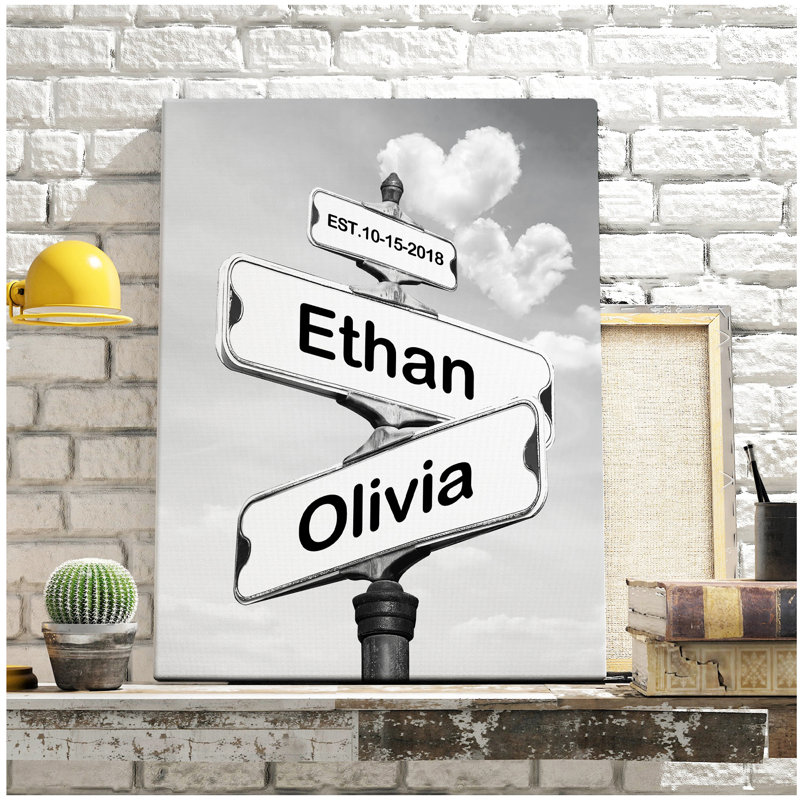 Art mural sur toile avec panneau et nom personnalisé - nom romantique en noir et blanc avec décor de nuage pour les couples, les mariages et les anniversaires
