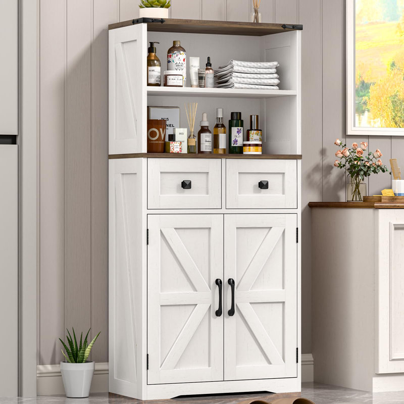 White Farmhouse Bathroom Storage Cabinet with Adjustable Shelving