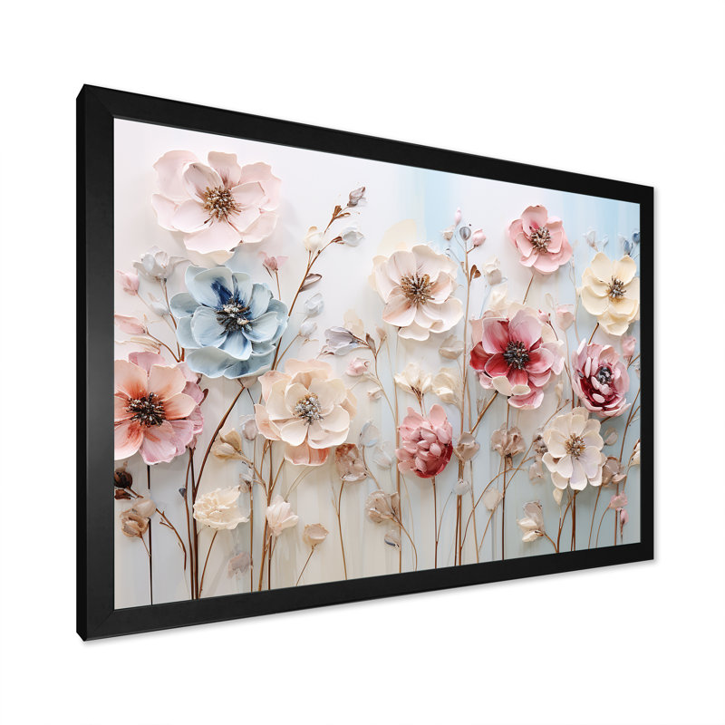 Art floral mural blanc et rose pour salon, Cadre d'angle fermé noir, H 16 po x l 32 po x P 1 po