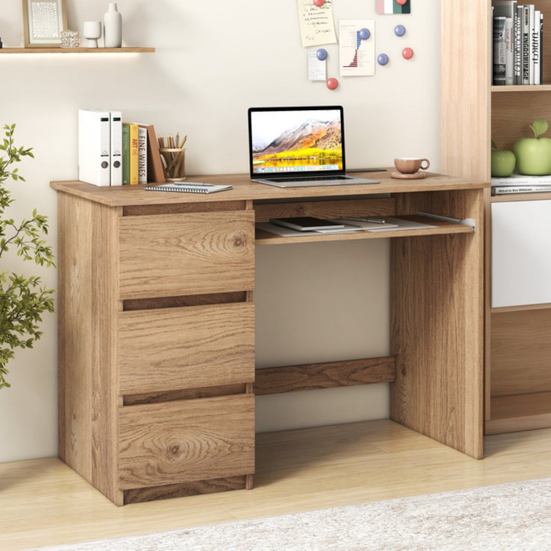 Bureau d'ordinateur avec plateau de prise de courant et 3 grands tiroirs, Naturel