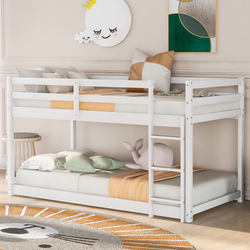 Lit superposé bas simple au-dessus de simple avec échelle | Lit superposé en bois massif pour enfants, gris, Blanc