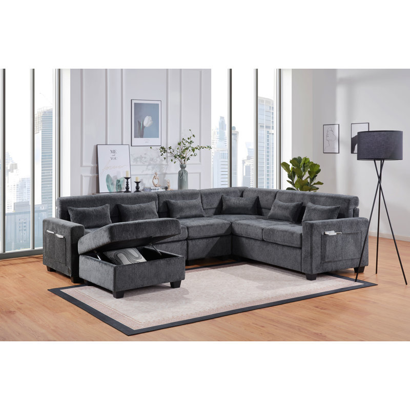 Canapé modulaire en chenille l 115 po gris Trey avec dossier réglable, ports de chargement, poches, capitonnage, repose-pieds avec rangement, coussins décoratifs