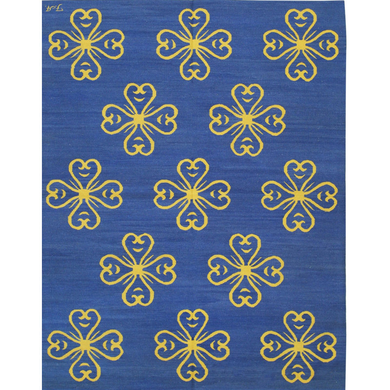 Blue Handwoven Wool Stylized Clover Motif Geometric Modern Contemporary Carpet Rug, 9' x 12'