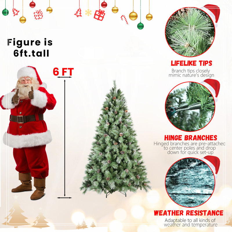 Arbre de Noël 5 pi avec 51 pommes de pin - 694 pointes, PVC mélangé et branches à aiguille dure, H 5 pi