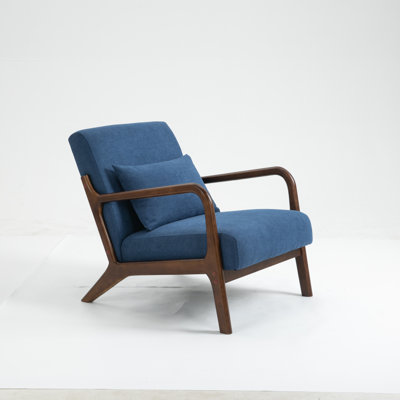 Mid Century Modern Accent Chair With Wood Frame, Upholstered Living Room Chairs With Waist Cushion, Reading Armchair For Bedroom Sunroom