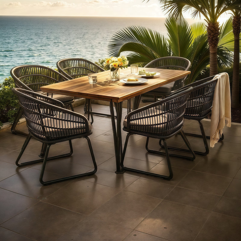 Ensemble repas d'extérieur 7 pièces pour 6 personnes | Table en acacia et chaises en rotin | Ensemble de patio moderne pour recevoir dans la cour arrière