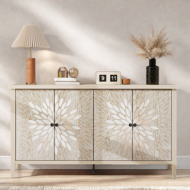 Natural Wood 58in Sideboard with Carved Floral Pattern and Adjustable Shelves