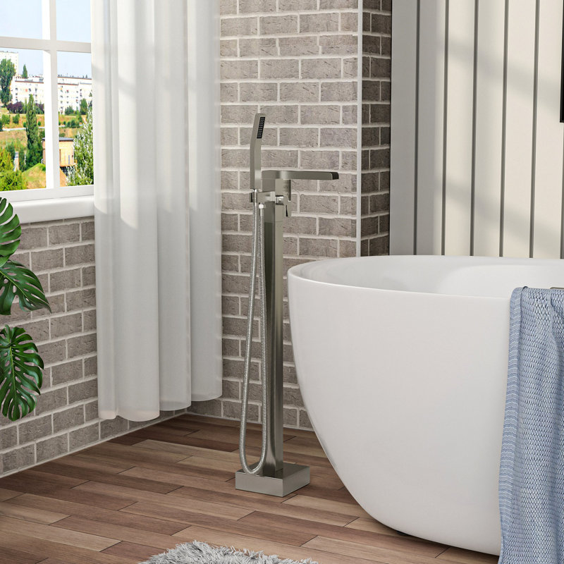 Freestanding Bathtub Faucet Waterfall Tub Filler Floor Mount Brass Bathroom Faucets With Hand Shower, Brushed Nickel