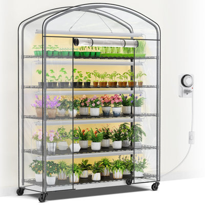 5-Tier  Portable Metal Greenhouse Plant Rack with Grow Light and PVC Cover, Ideal for Indoor and Outdoor Use