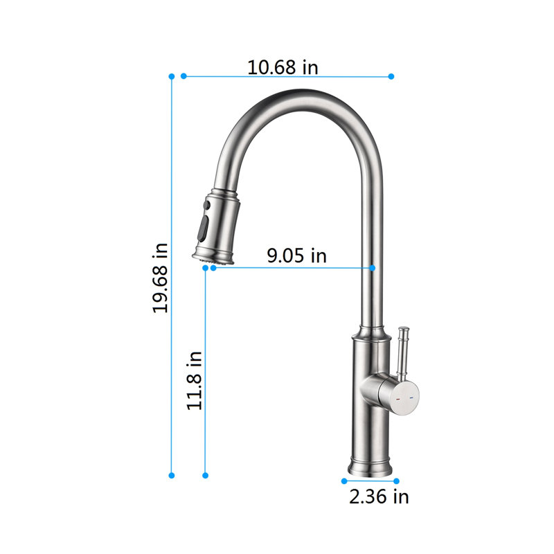 Robinet de cuisine rétractable en nickel brossé, contrôle de la qualité en acier inoxydable, buse rotative à 360 ° pour un débit d'eau confortable, traitement de surface contre la corrosion et la rouille, température à une poignée