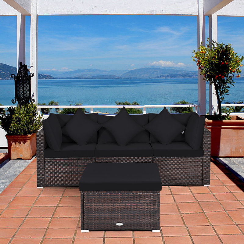 Sarn Ensemble de meubles de patio en rotin avec canapé et repose-pieds 4 pièces, Black