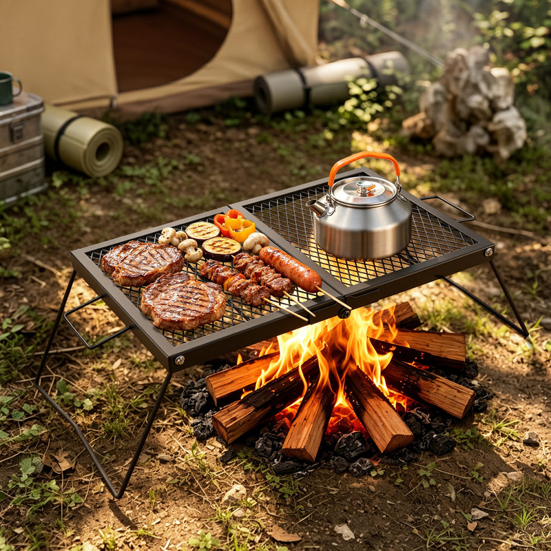 Heavy Duty Folding Campfire Grill, 24" Portable Camping Grill Grate, Sturdy Steel Mesh, Compact Equipment Over Fire Pit, with Legs and Handle, Grilling Rack for Outdoor Open Flame Cooking, Black