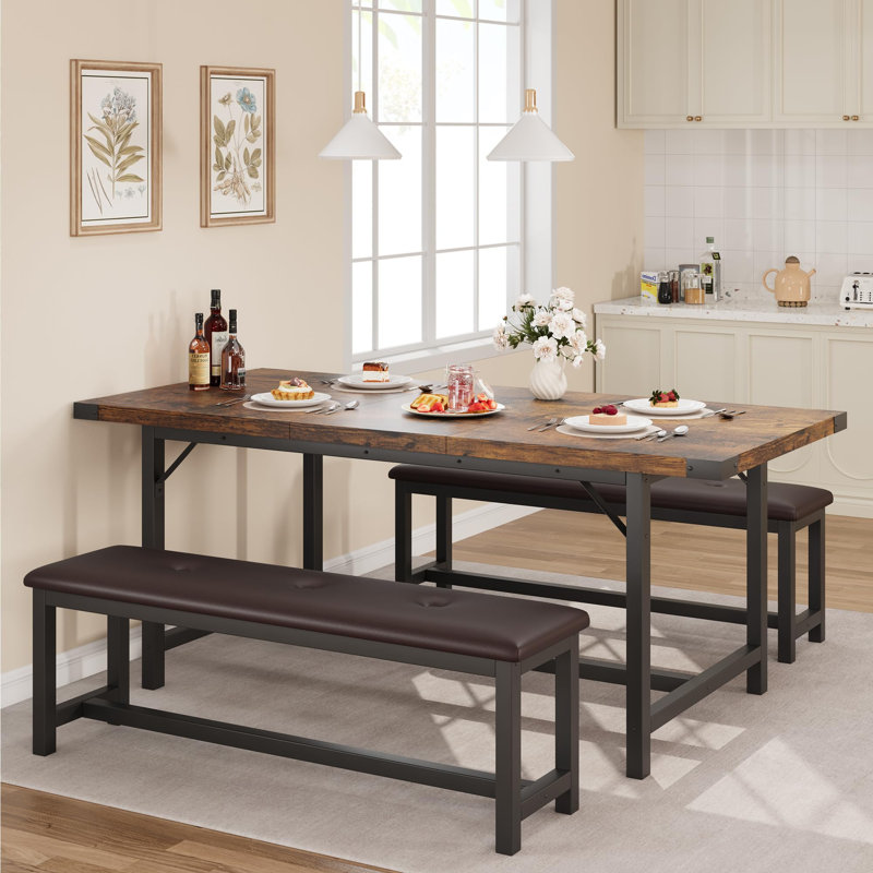 Dining Table Set for 4-8, 63" Extendable 3-Piece Set with 2 Upholstered Benches – Large Rectangle Kitchen Table with Metal Frame for Space-Saving in Apartments