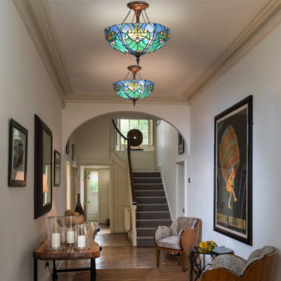 Tiffany Style Ceiling Light Fixtures 16” Wide Stained Glass Lamp Shade 2-Light Classical Victorian Style