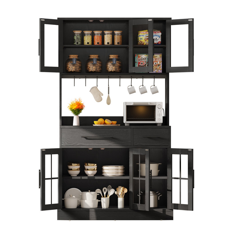 Baskas 71'' Kitchen Pantry Cabinet Wooden Cupboard with 2 Drawers & Storage Shelves, Standing Microwave, Hooks, Black