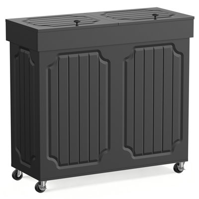Povrgive Double Kitchen Trash Can Cabinet, 2 × 13 Gallon Dog Proof Wood Garbage Can with Flip Out Lid, Farmhouse Hidden Trash Recycling Bin with Wheels for Indoor, 29.5" L × 12.6" W × 27.5" H