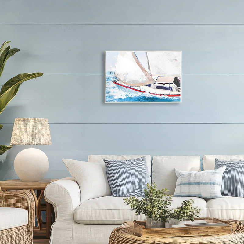 Plaque murale voilier de course à travers les vagues bleues, design par Porter Hastings, H 13 po x l 19 po