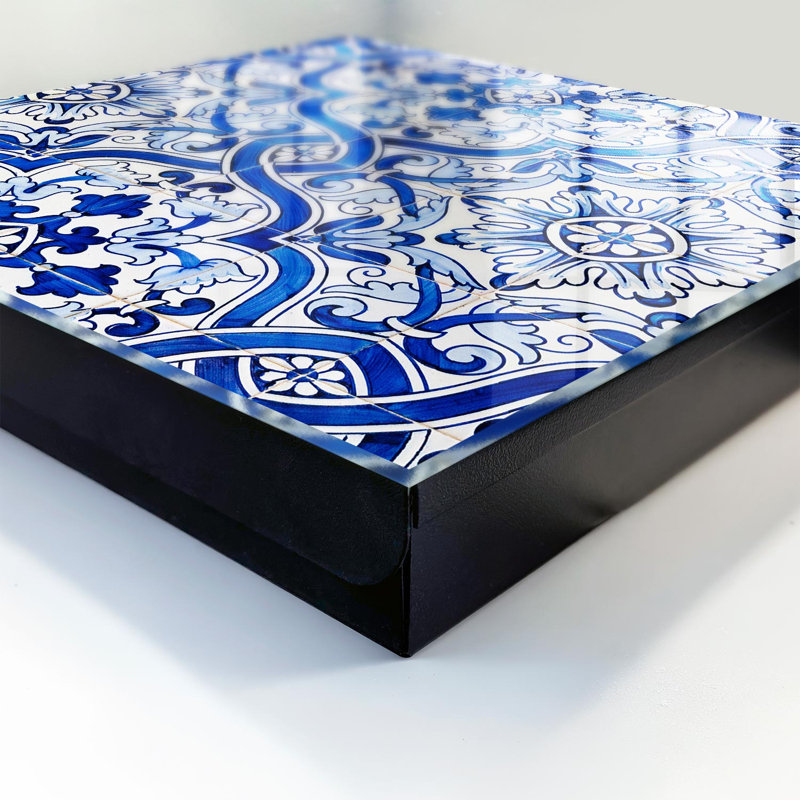 Key box for wall, Opens to the right, 30x30x5, Black, Traditional blue tile patterns, 