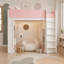Lit mezzanine en bois massif avec barrières de sécurité en similicuir, armoire, tiroirs, étagères et éclairage DEL d'ambiance, blanc-60429925-60429924