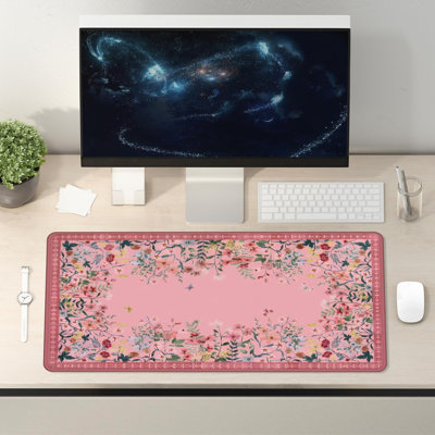 Tapis de souris floral rose vif (80 x 40 cm), grand format, motif papillons et fleurs sauvages, idéal pour le bureau, le jeu et les accessoires de bureau à domicile.