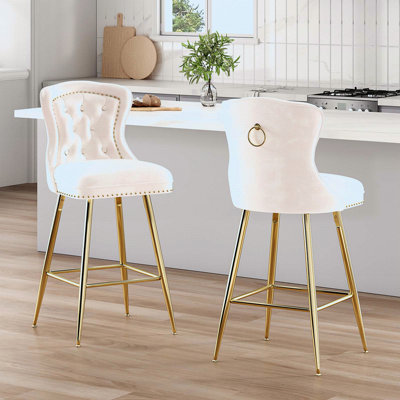 Ensemble de 2 tabourets de bar, tabourets de bar à hauteur de comptoir en velours avec pieds en métal, garniture capitonnée et têtes de clous, chaises de bar à oreilles