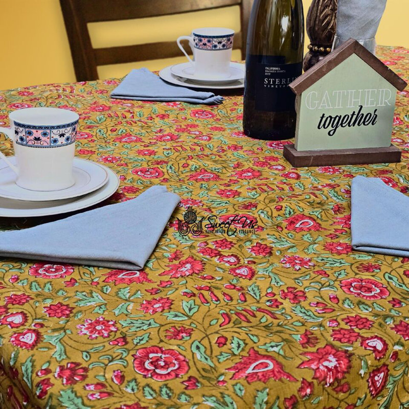 Floral Cotton Block Print Tablecloth Rectangle