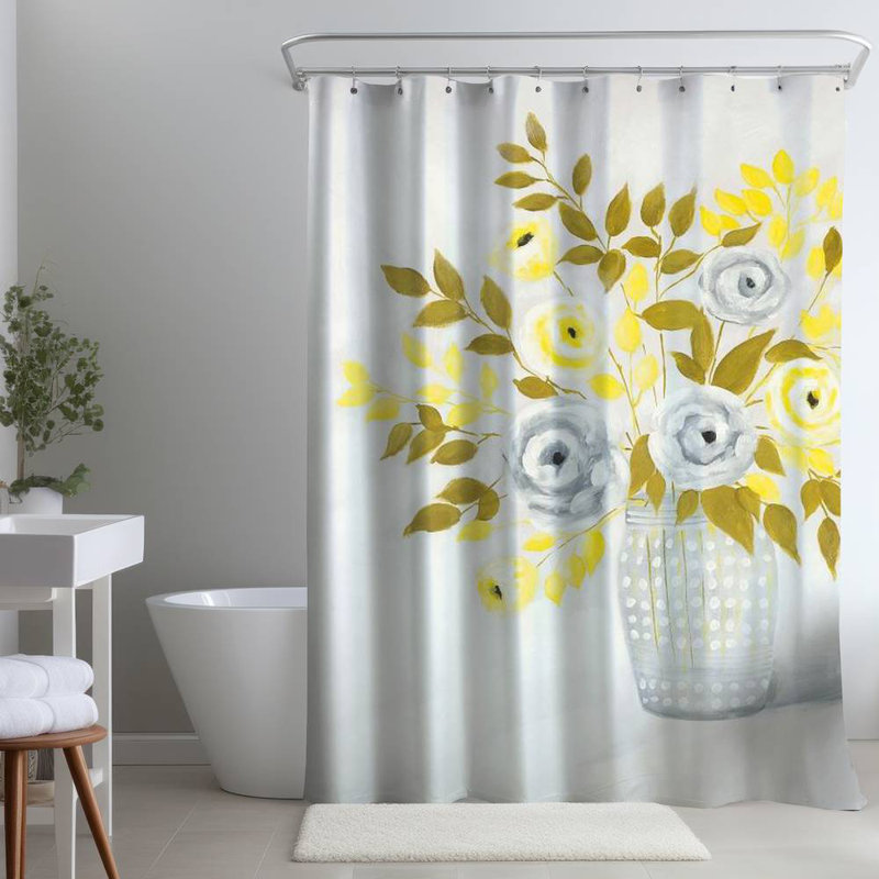 Floral – Polyester Shower Curtain, Dye Sublimation Print, 71" W × 74" L, Multicolor Yellow
